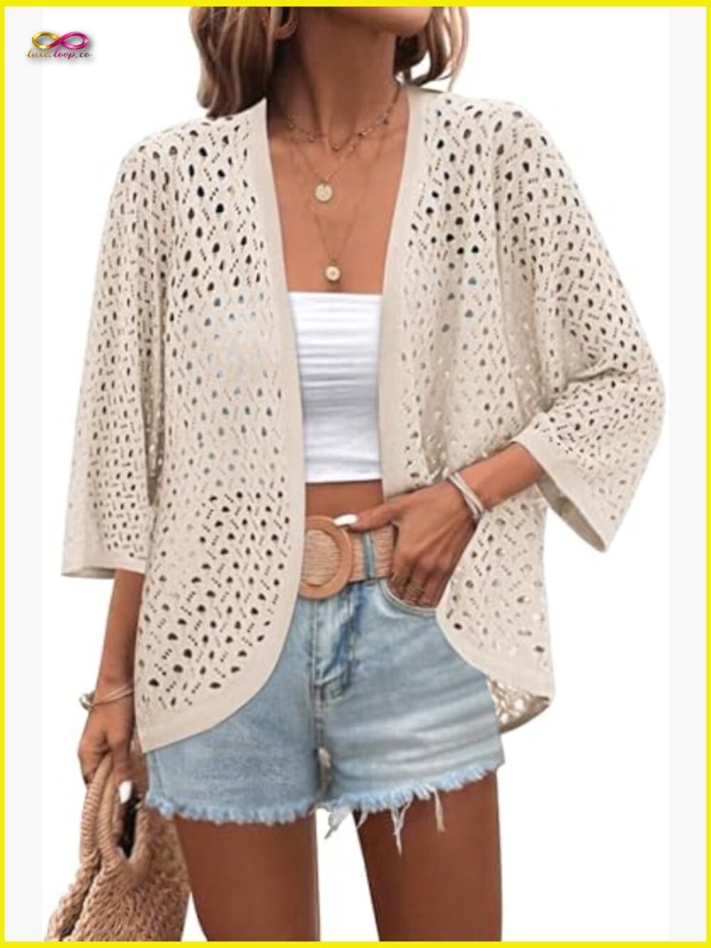 Lightweight Crochet Batwing Cardigan Boho Knit Open Front 3/4 Sleeve Cover Up